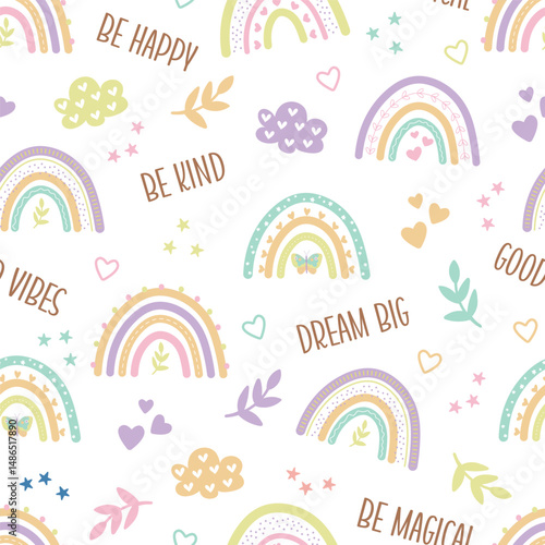 Cute hand-drawn pastel boho rainbow nursery seamless pattern background wallpaper. kids cartoon playful doodle digital paper backdrop