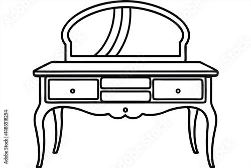 Outline Drawing of Antique Vanity Table with Mirror and Drawers, Isolated Presentation