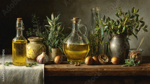 olive oil and herbs still life