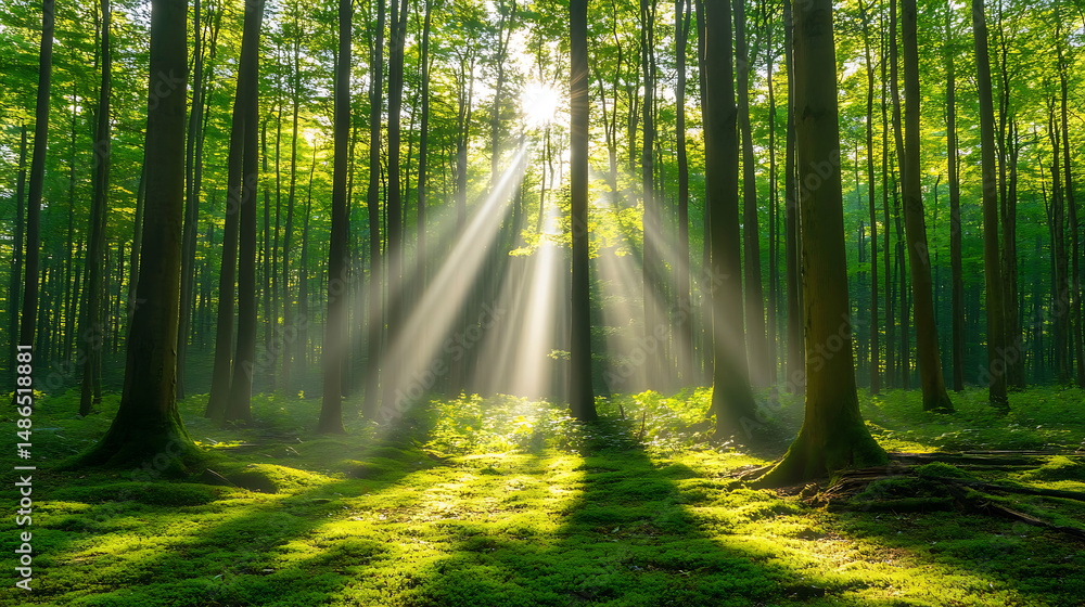 Fototapeta premium A beam of light breaking through thick forest canopy in a simple scene 