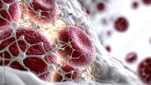 Microscopic close-up of a blood clot structure with red blood cells and fibers