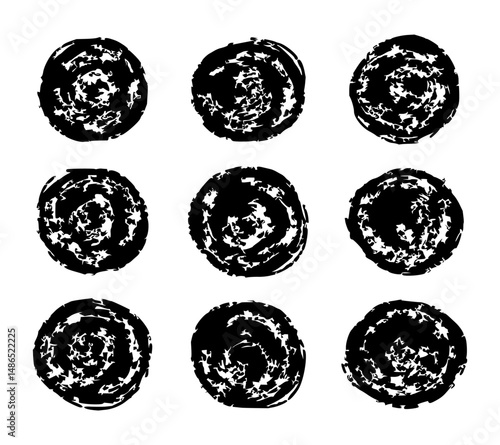Grunge black ink circle textures set. Distressed round shapes with splash, splatter and noise effects. Perfect for modern graphic design, logos, badges, posters, packaging, and background decoration.