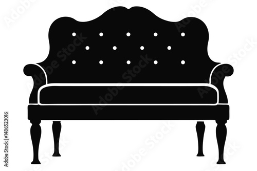 Elegant Black Sofa Silhouette with Button Tufting and Ornate Legs Design Illustration