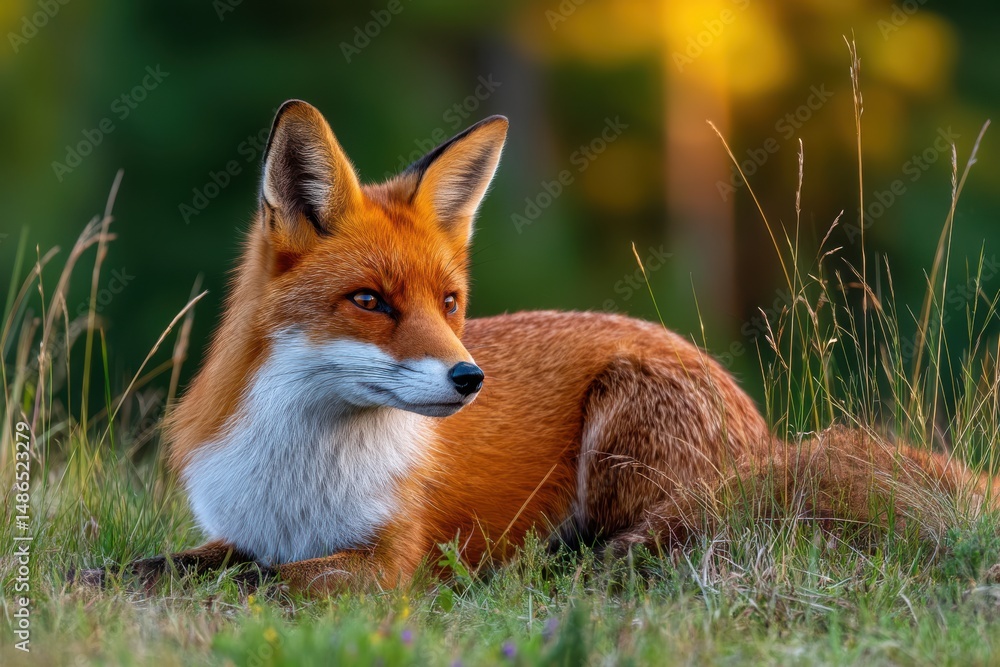 Fototapeta premium Elegant red fox resting gracefully in a sunlit meadow during the golden hour of late afternoon