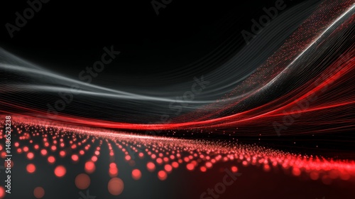 Glowing red particles and fiber optic lines on a dark abstract background.