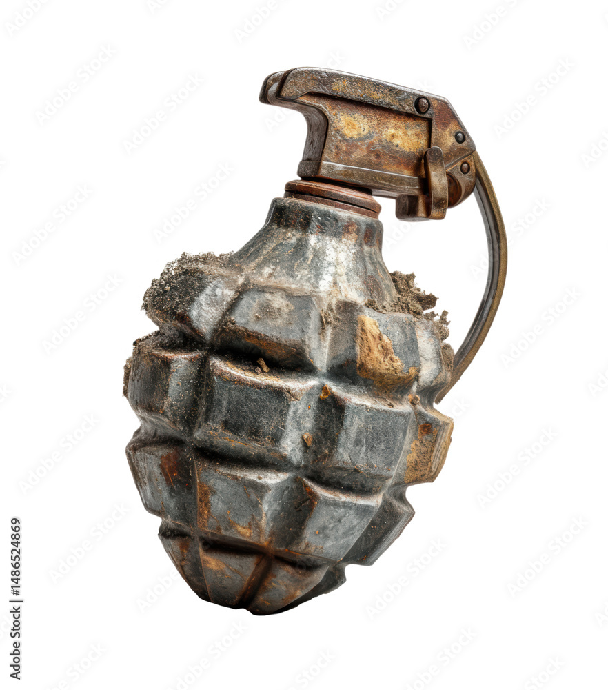 Obraz premium Vintage Rusty Hand Grenade with Detailed Texture and Weathered Patina, Perfect for Military or Historical Themed Projects, Isolated on Transparent and White Background