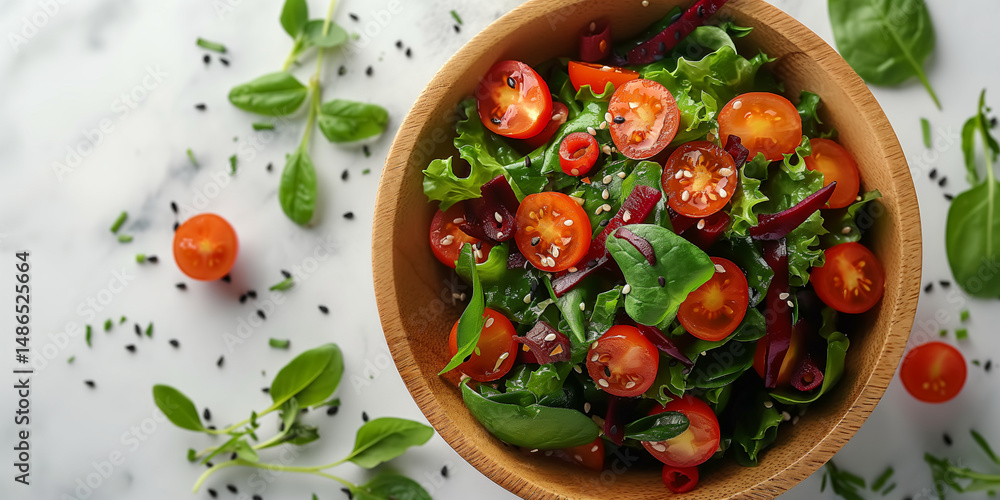 Fresh cherry tomato garden salad. A colorful mix of greens, tomatoes, and sesame ideal for healthy food branding, menus, and nutrition campaigns Fresh cherry tomato garden salad. A colorful mix of greens, tomatoes, and sesame ideal for healthy food branding, menus, and nutrition campaigns