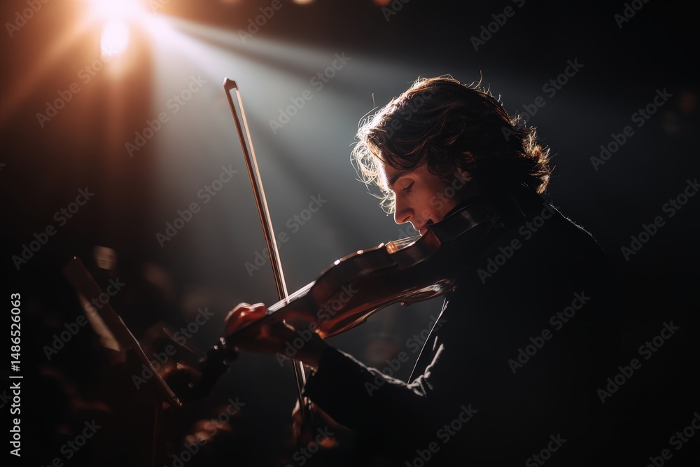 Fototapeta premium Male musician passionately playing violin on stage.
