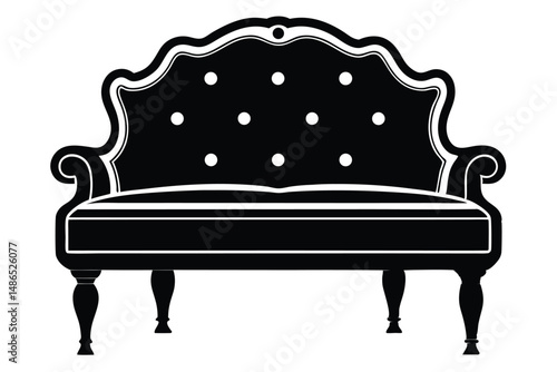 Ornate Black Tufted Sofa with Curvy Back and Decorative Trim Isolated Silhouette