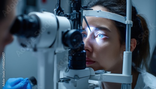 Woman undergoing an eye examination at an optometrist's office.