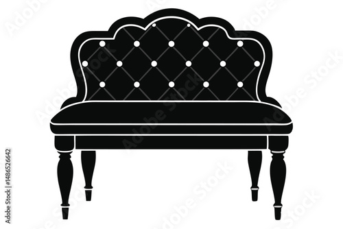 Black upholstered settee with tufted back, four turned legs, and doublewelted seat