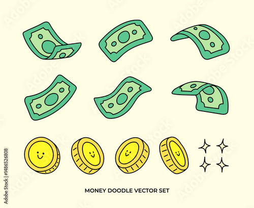 set of coins and paper bank icon, icon and symbol, financial and investment, doodle art style