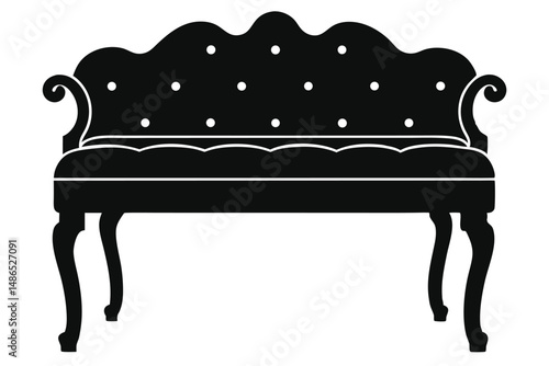 Black Silhouette of an Ornate Bench with Tufted Back and Curved Legs