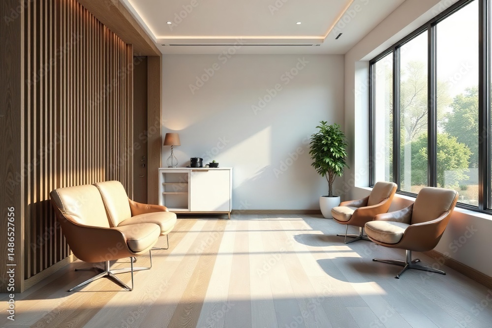 Fototapeta premium Modern dentist office waiting area with comfortable seating and natural light , building, office