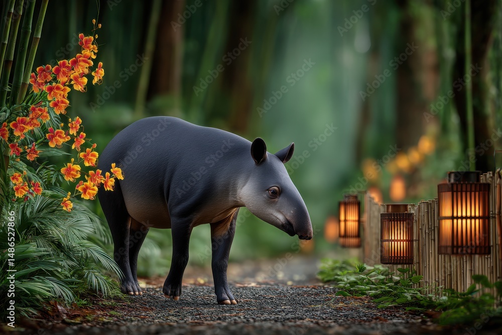Fototapeta premium Captivating encounter with a tapir wandering through a serene bamboo grove at twilight, where glowing lanterns enhance the magical ambiance