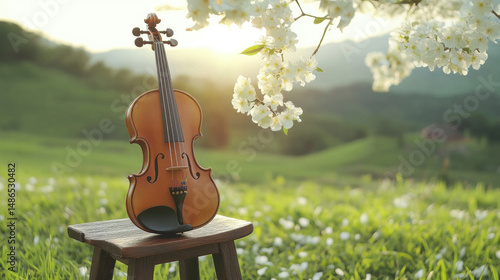 A violin sits on a stool outdoors, in a vibrant field with blooming trees and sun