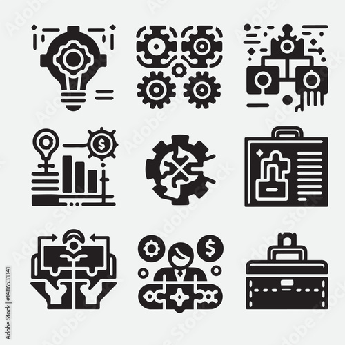 Business strategy, business plan, mission vision, growth chart, profit analysis, market research, goal setting sales funnel SWOT analysis strategic thinking roadmap financial goal icon set