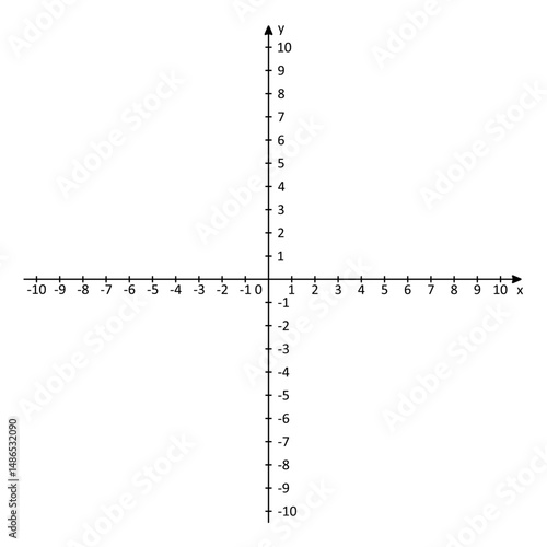 Cartesian coordinate system in two dimensions on white with numbers from 0 to 10. Orthogonal coordinate plane with two axes on squared grid. Math bw template. Vector illustration