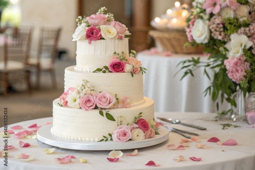 Fototapeta premium Elegant Three Tiered Wedding Cake Adorned With Pink Flowers Generative AI