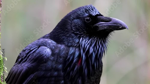Close up portrait of a raven with detailed feathers and beak looking to the side calmly outdoors