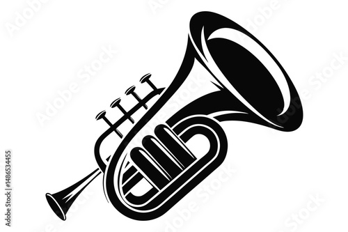 Silhouette Illustration of a Brass Trumpet with Valves and Sound Bell, Instrument Icon