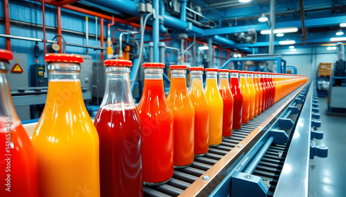 Glowing conveyor belt transporting vibrant juice-filled bottles through a sleek beverage factory interior bathed in cool blue hues, showcasing modern industrial production efficiency., vintage. with