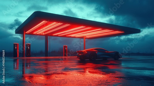 Elegant sports car under glowing red lights at a futuristic gas station during a rainy twilight ambiance
