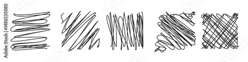 Set of square shapes with scrawl loops and scribbles on white bg. Carelessly hand colored rectangles. Handwritten elements. Outline graphic signs. Vector illustration