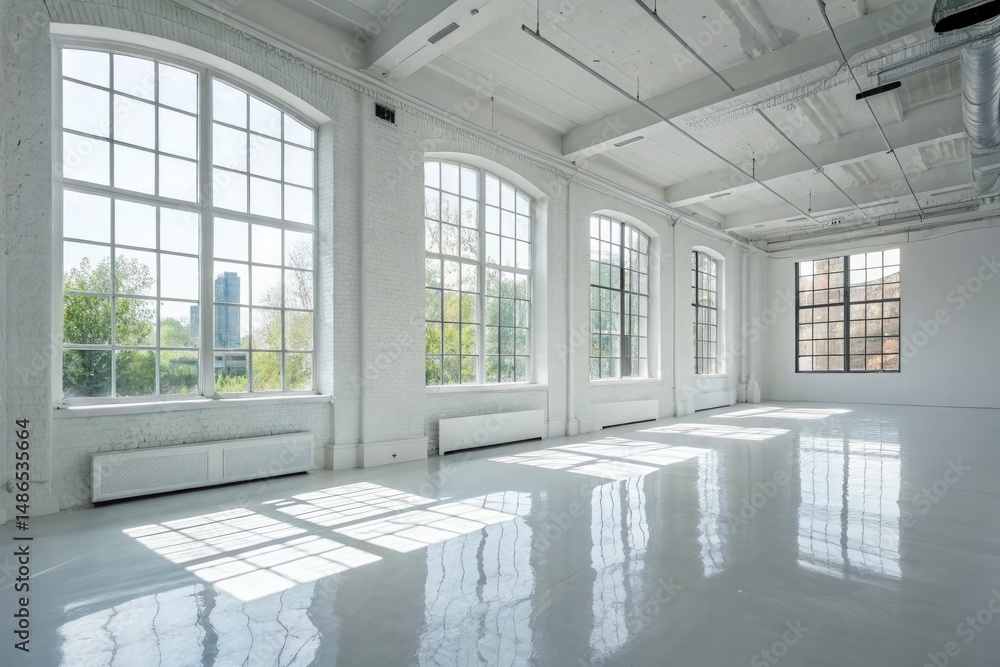 Fototapeta premium Bright White Room With Expansive Windows and Glossy Floor Generative AI