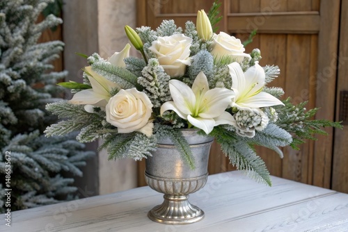White Roses and Lilies in a Silver Vase With Frost Details Generative AI