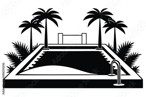 Graphic Black and White Illustration of Palm Trees Framing a Swimming Pool