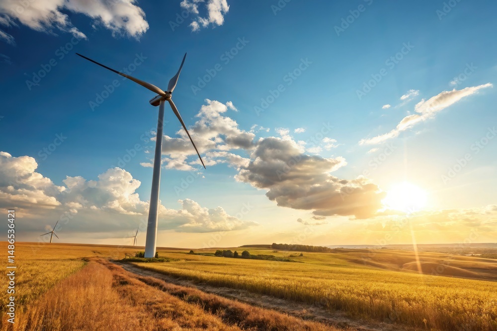 Obraz premium Wind Turbine Stands Tall Under Sunny Summer Sky in Countryside Generative AI