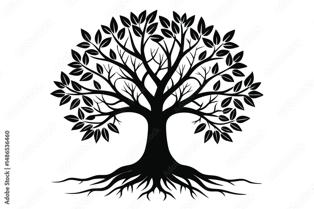 Obraz premium Silhouette Tree Vector Illustration Detailed Branches, Leaves, and Root System Artwork