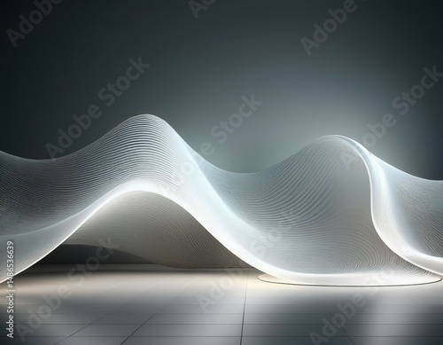 minimal white platform with abstract lightwave shape