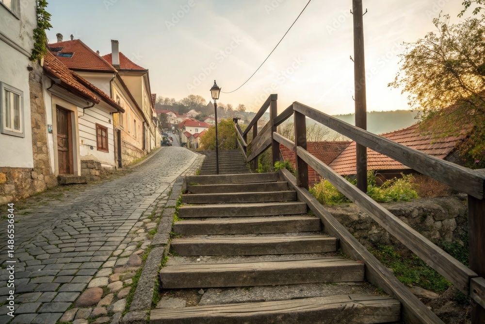 Obraz premium Wooden Stairway Leading to Historic Street at Sunset Glow Generative AI