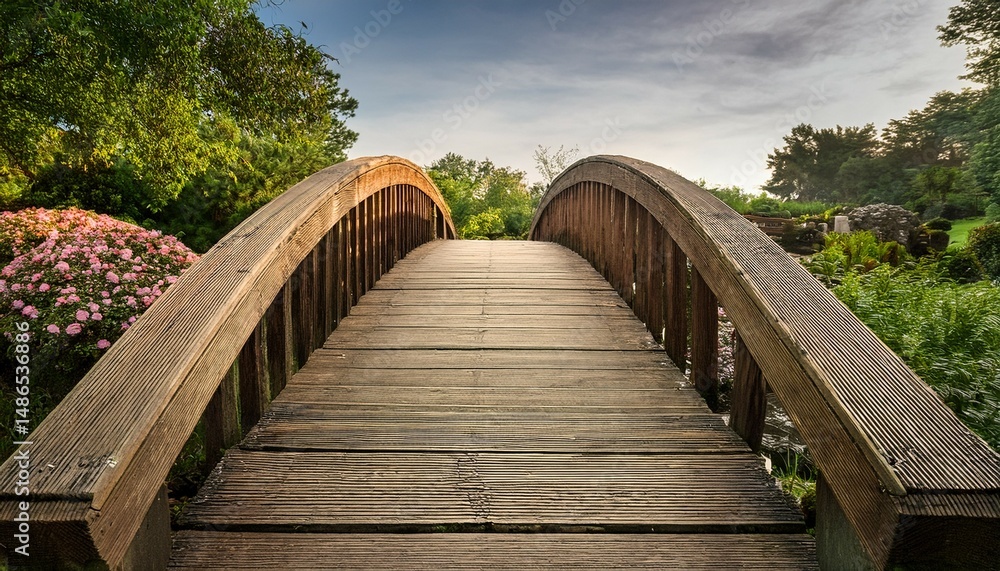 Obraz premium a rustic wooden bridge with a curved arch perfect for connecting pathways in gardens or natural landscapes