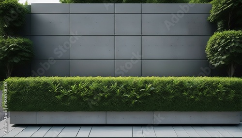 modernistic exterior garden wall hedge decorative concrete boundary fence with lush green bush and gray monolithic surface