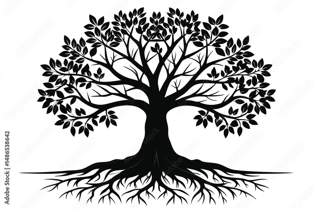 Obraz premium Black Silhouette Vector Image of a Tree with Roots and Leaves Illustration