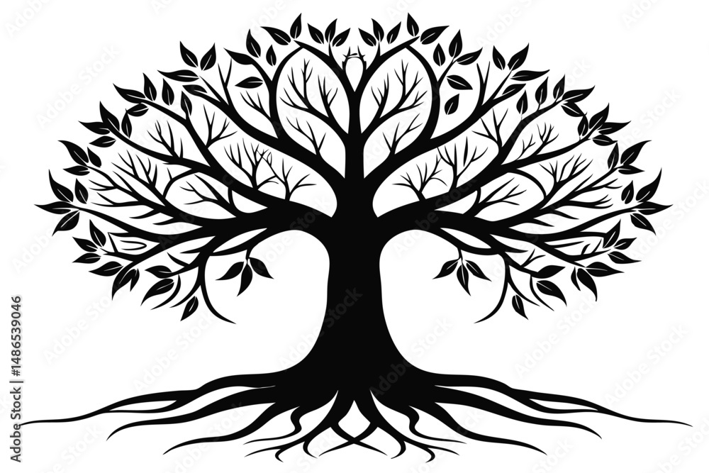 Obraz premium Black Silhouette Vector of a Deciduous Tree with Leaves and Roots Art