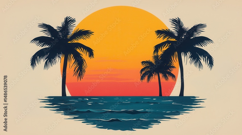 Obraz premium Golden sunset seaside with silhouette and scenic idea. Tropical sunset with palm trees and ocean waves.