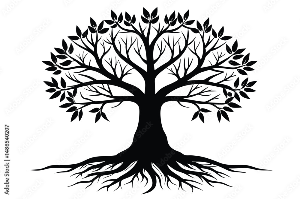 Obraz premium Silhouette of Tree with Leaves, Branches, and Roots Illustration Art Design