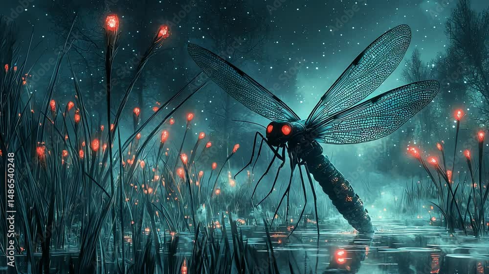 Night creature, dragonfly, glowing plants. Night creature, dragonfly, glowing plants.