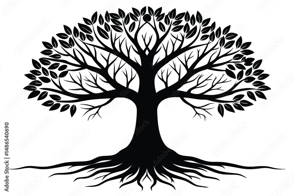 Obraz premium Stylized Silhouette of a Tree with Leaves and Roots in Black and White
