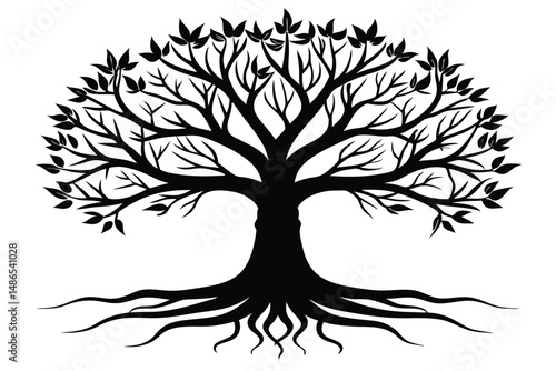 Black Silhouette of Deciduous Tree with Roots and Leaves, Tree of Life Graphic