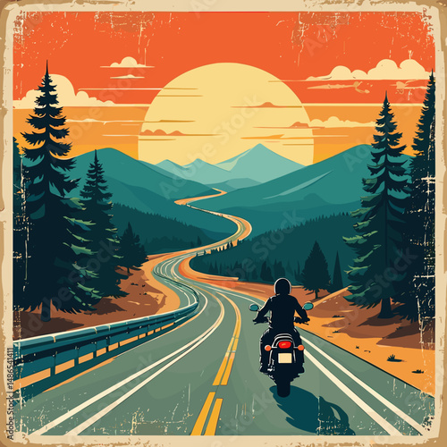 Motorcyclist on mountain highway during sunset in vintage style