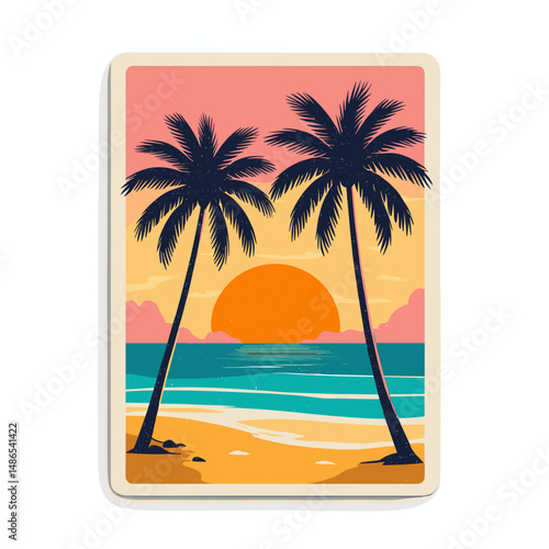 Tropical sunset with palm trees and ocean in retro style