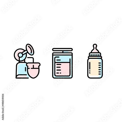 Breast pump, milk container and baby bottle in pastel style