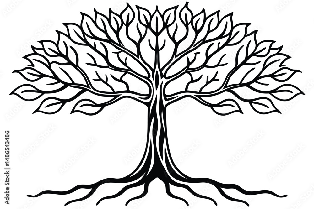 Obraz premium Stylized Black and White Tree of Life Graphic Illustration with Roots and Leaves