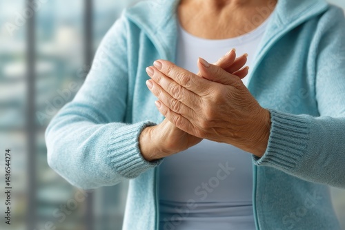 Elderly person practicing hand exercises indoors for improved flexibility and comfort in the morning