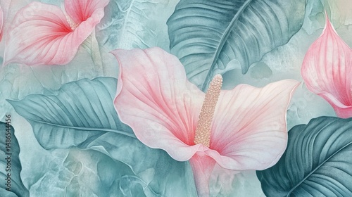 Wallpaper Mural Pink and Teal Botanical Illustration: Soft Floral Wallpaper Torontodigital.ca